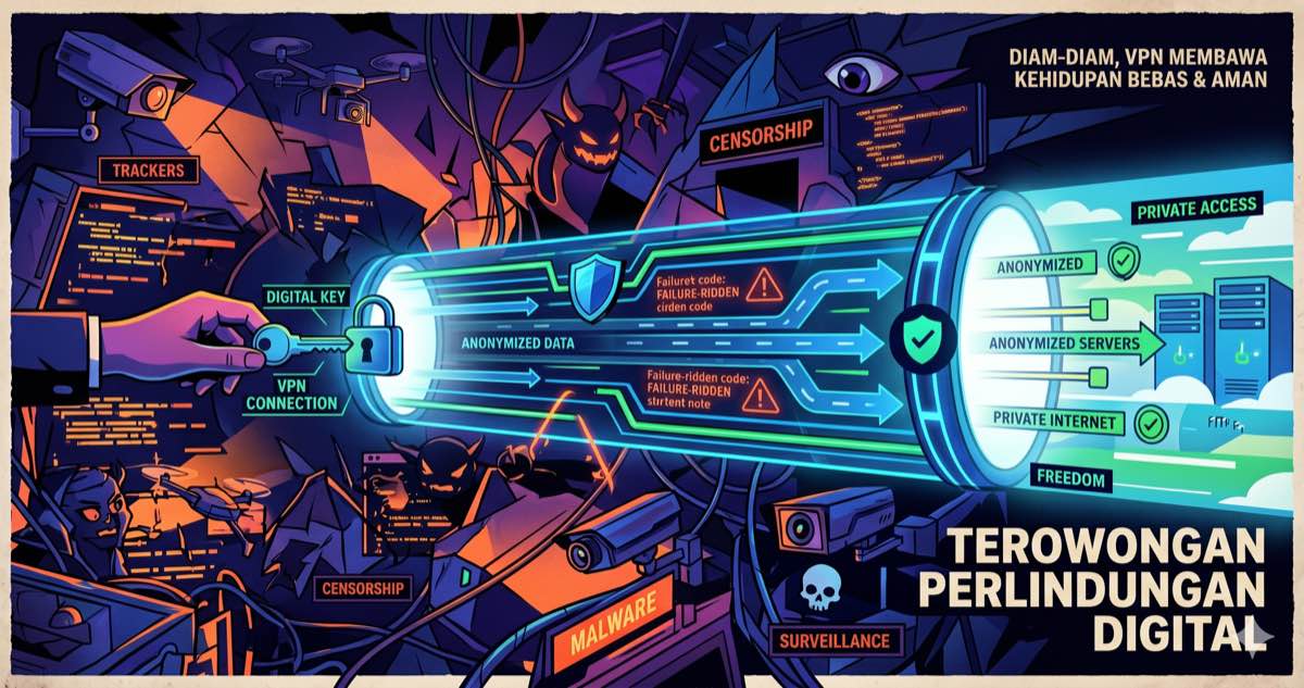 Ilustrasi terowongan VPN — perlindungan digital dari threats (trackers, malware, surveillance, censorship) menuju zona aman dengan privasi dan kebebasan internet