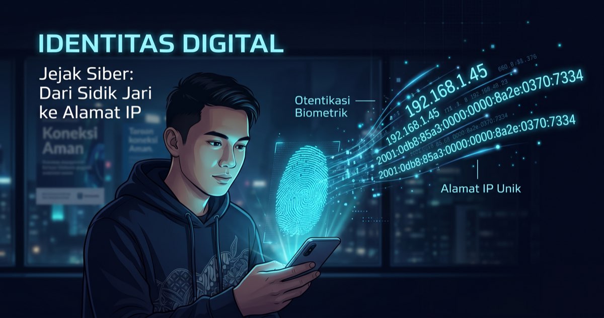 Ilustrasi identitas digital — pria muda Indonesia memegang HP dengan hologram sidik jari dan IP address mengambang, latar kota cyber dark blue