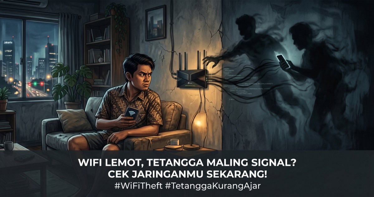 Ilustrasi WiFi lemot karena tetangga maling sinyal — pria curiga melihat HP sambil bayangan tetangga mengintai router di balik dinding