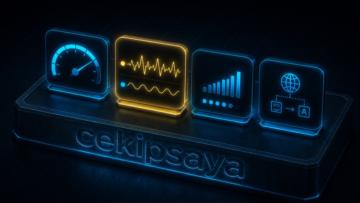 Empat metrik kualitas koneksi: latency, jitter (paling berbobot), stabilitas, dan DNS