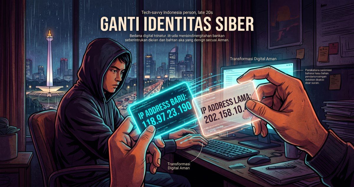 Ilustrasi ganti identitas siber — pria muda Indonesia hoodie menukar kartu hologram IP address baru dan lama, latar Monas dan skyline Jakarta malam