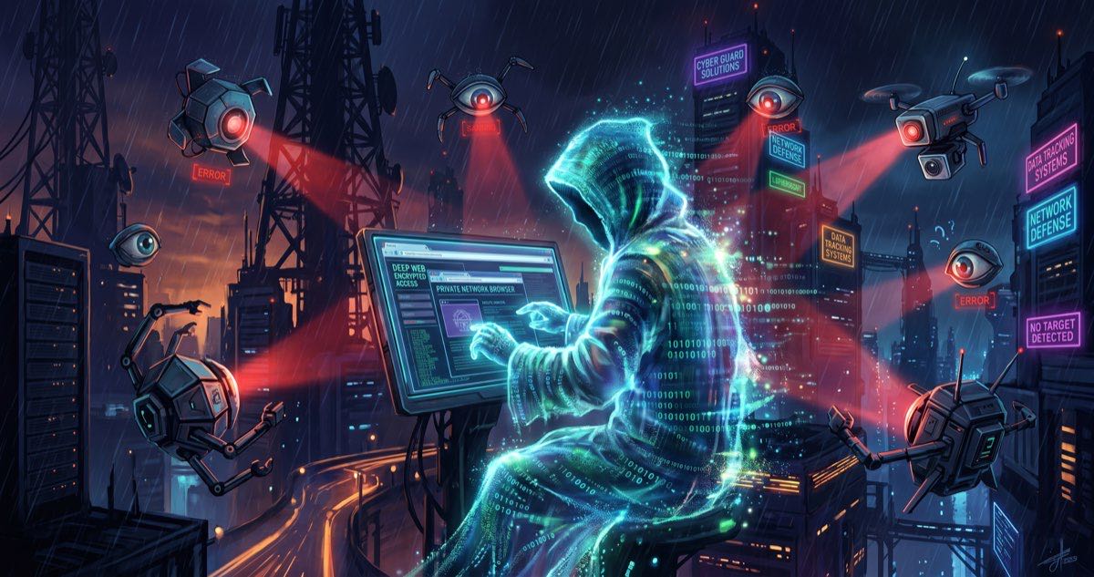 Ilustrasi cyberpunk hooded hacker glowing matrix green menyembunyikan diri dari drone surveillance merah di atas rooftop kota cyber malam hari
