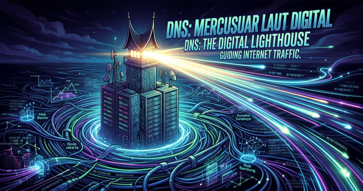 Ilustrasi DNS sebagai mercusuar digital dengan atap gonjong Minangkabau di tengah lautan data, menerangi node Jakarta, Bandung, Surabaya, Batam