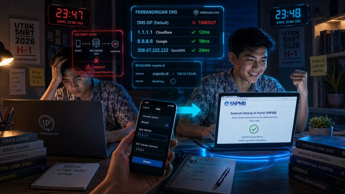 Ilustrasi peserta UTBK Indonesia tegang di depan laptop dengan layar error snpmb.id, hologram DNS resolver Cloudflare 1.1.1.1 dan Google 8.8.8.8 floating sebagai solusi, suasana dark cyber dengan accent cyan