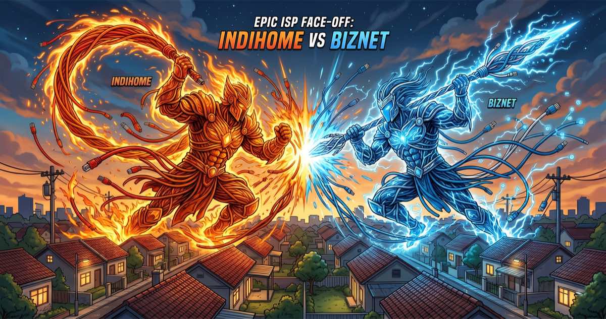 Ilustrasi epic battle IndiHome vs Biznet — petarung api oranye (IndiHome) melawan petarung petir biru (Biznet) di atas atap rumah Indonesia saat sunset