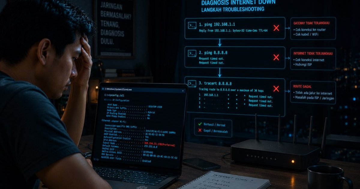 Ilustrasi command prompt dengan output ping menampilkan reply dan request timed out, bersama perangkat jaringan