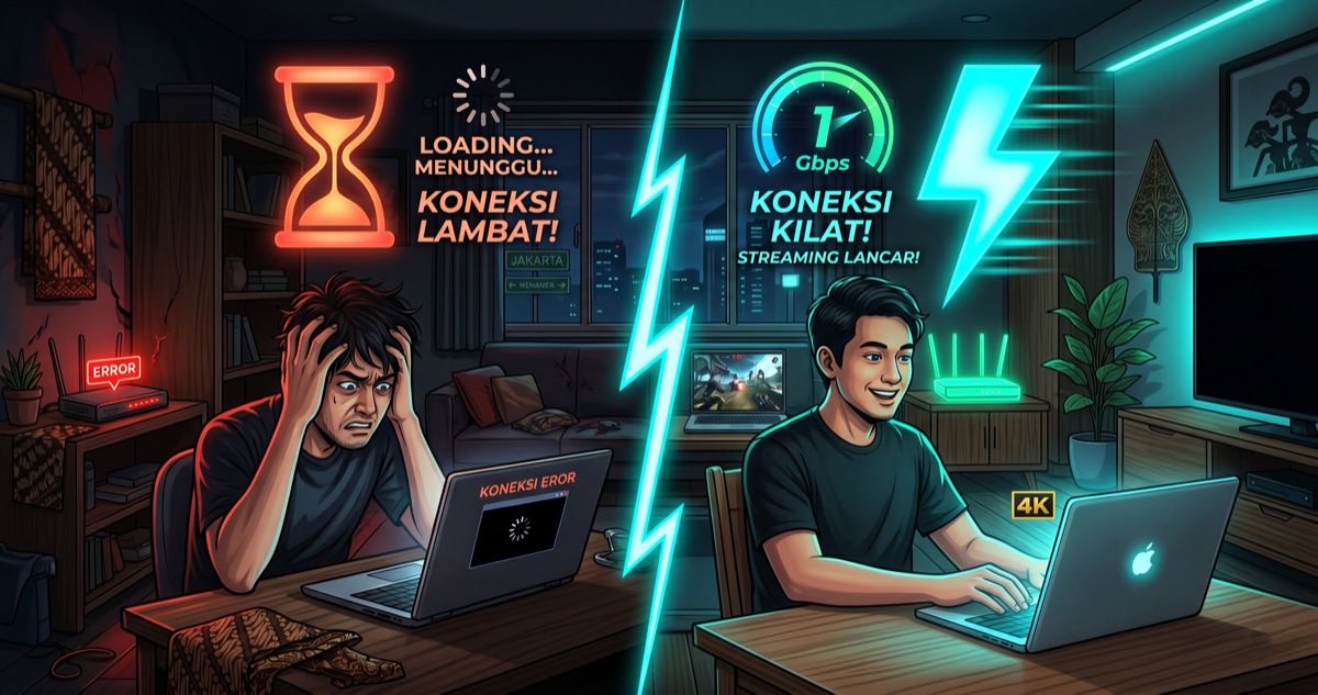 Ilustrasi before-after internet lemot vs kilat — pria stress karena loading lambat di kiri, pria sama happy dengan koneksi 1 Gbps streaming 4K di kanan