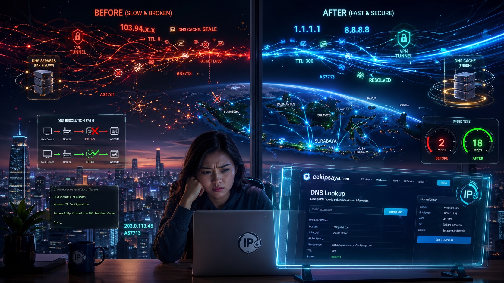 Suasana ruang kerja saat insiden internet lemot — admin jaringan diagnosa pattern speedtest OK tapi browsing lemot