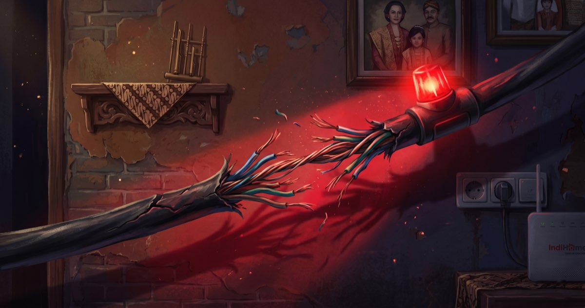 Ilustrasi internet sering putus — kabel ethernet putus dengan red emergency light, latar tembok bata rumah Indonesia dengan foto keluarga dan dekorasi batik