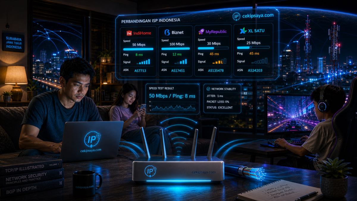 Ilustrasi futuristik desa Indonesia dengan tower WiFi menyala terang — penduduk desa menggunakan tablet, drone, panel surya, latar pegunungan dan sawah, simbol pemerataan internet sampai ke desa