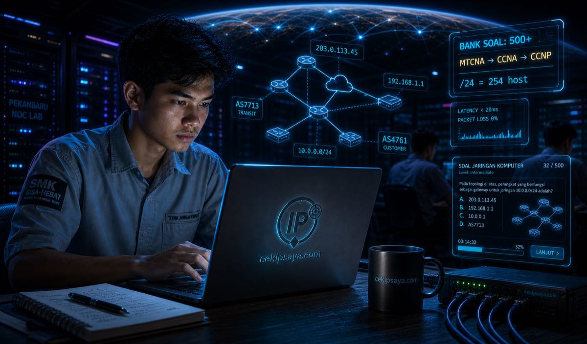 Ilustrasi siswa SMK TKJ Indonesia mengerjakan quiz jaringan komputer online di laptop, dengan visualisasi node jaringan dan ikon sertifikat digital di latar dark cyber blue
