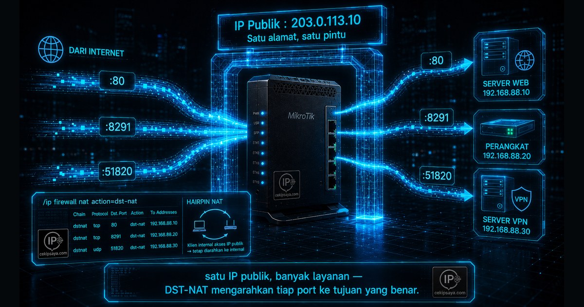 Ilustrasi Script MikroTik DSTNAT — Port Forwarding via Terminal
