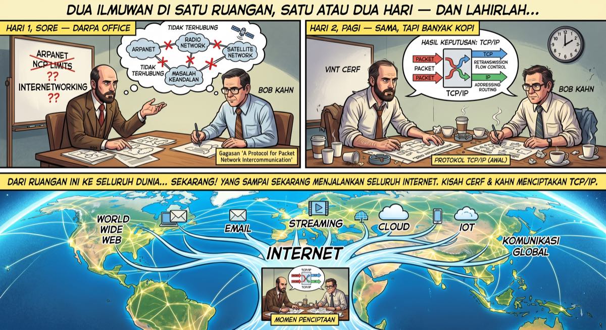 Ilustrasi Bob Kahn dan Vint Cerf — dua pencipta TCP/IP yang merancang protokol internet di ruangan DARPA