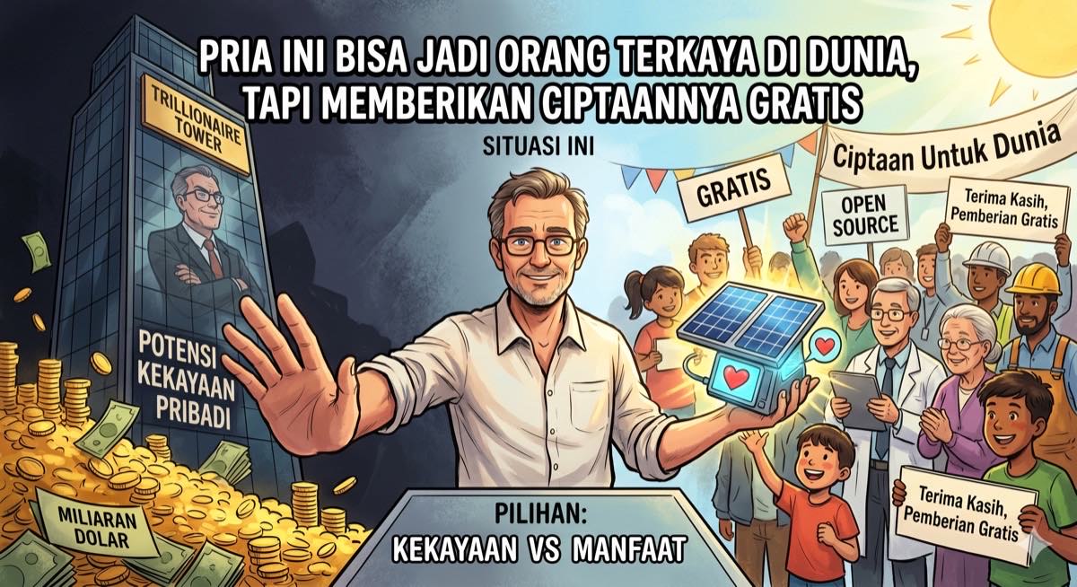 Ilustrasi Tim Berners-Lee — pencipta World Wide Web yang memilih memberikan ciptaannya gratis daripada menjadi triliuner