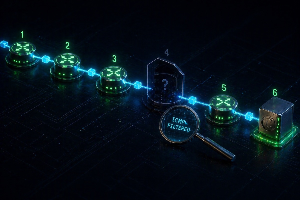 Ilustrasi isometrik paket data melewati router yang mem-filter ICMP — paket lewat tapi hop tidak terlihat di MTR