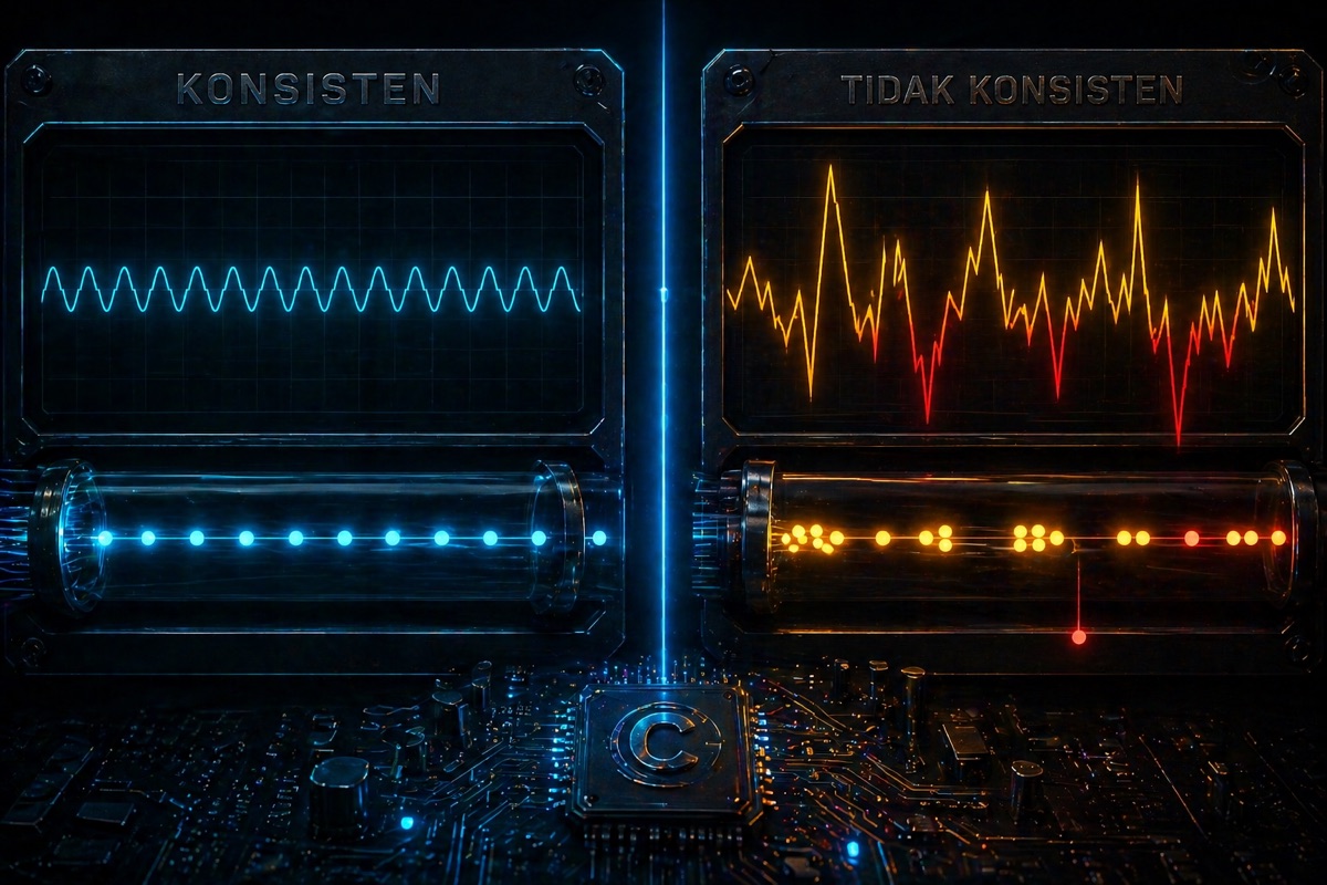Visualisasi jitter — split screen menampilkan paket konsisten vs tidak konsisten saat melewati fiber optic