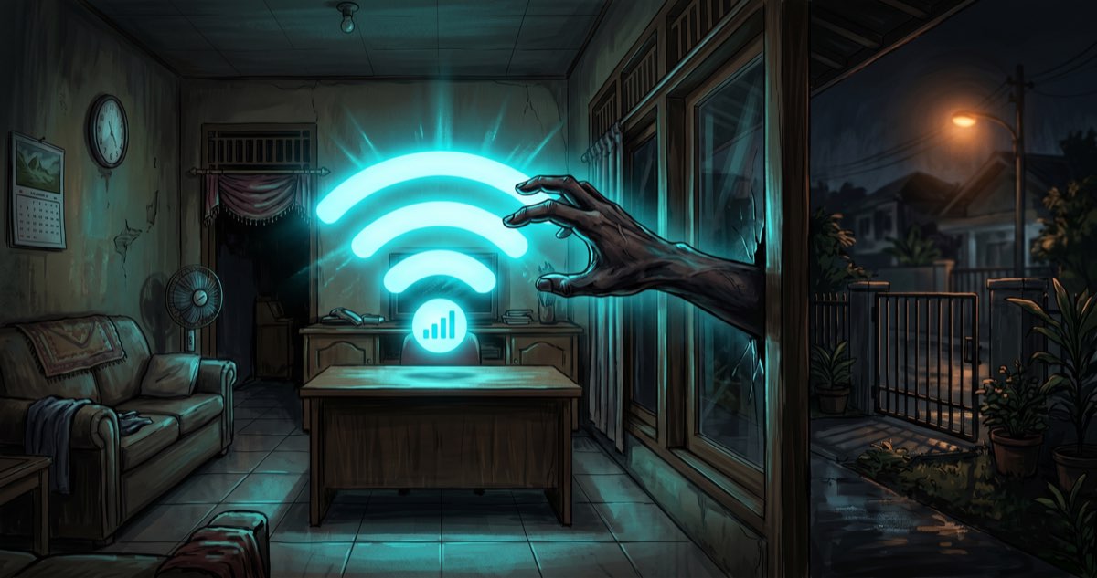 Ilustrasi WiFi nebeng — tangan misterius menjangkau sinyal WiFi dari jendela ruang tamu rumah Indonesia di malam hari